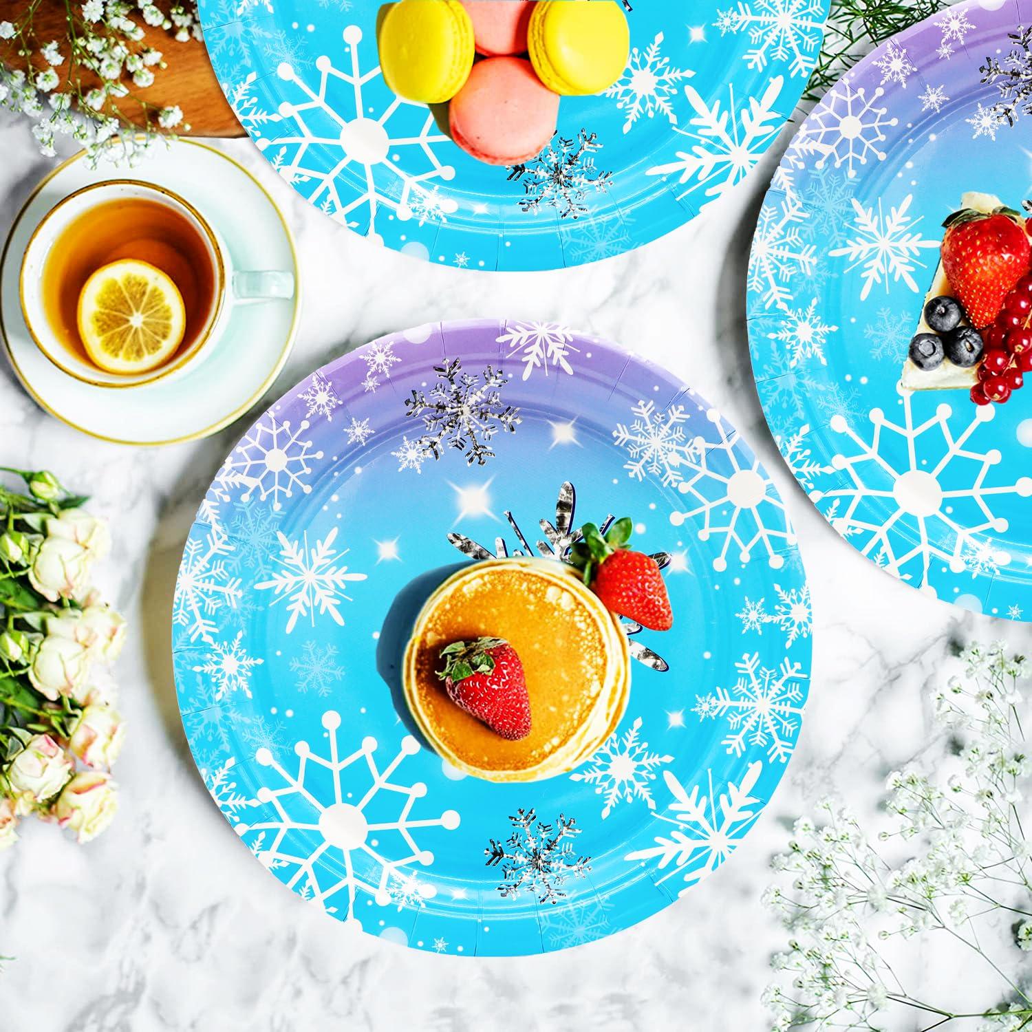 GOGUOGOFA 50Pcs Frozen Snowflake Party Supplies,Snowflake Paper Plates,7\"Snowflake Plates Disposable Chrisstma Plates for Winter Snowflake Theme Wonderland Holiday Xmas Snowflake Birthday Party Decor(Blue)