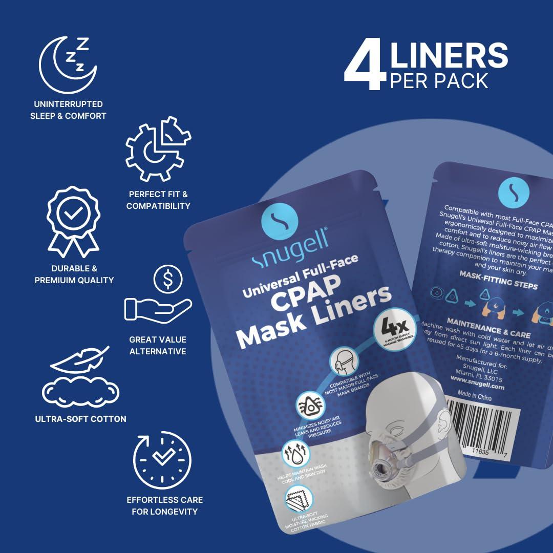 Snugell Snugell CPAP Mask Liners Full-Face (4-Pack) White Soft Cotton Fabric CPAP Skin Protector for Universal Fit Reduces Skin Irritation, Air Leaks Reusable & Washable for 6-Month Supply